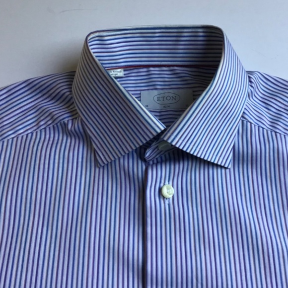 ETON slim light blue & brown pinstriped cotton shirt Sz 15 made in Europe - Picture 3 of 8